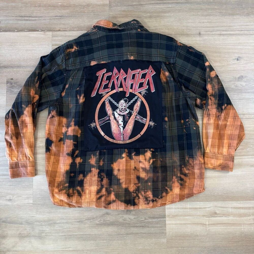 Terrifier Bleach Dyed Distressed Green Flannel Upcycle Size 2XL Art The Clown
